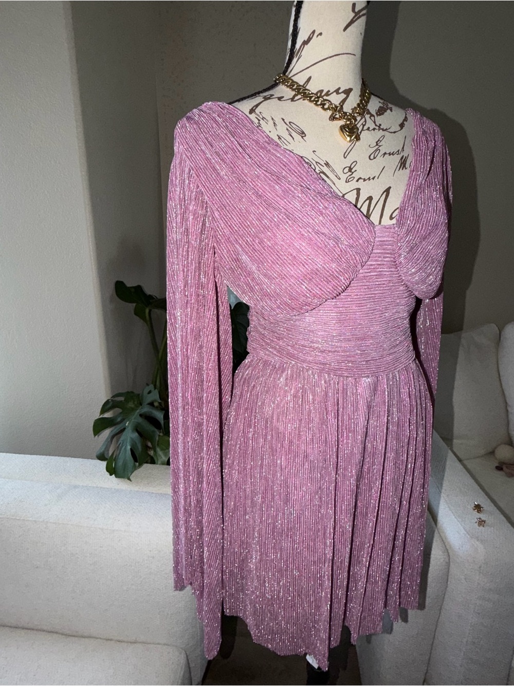 Shimmer Pleated Long-Sleeve Dress in Pink
